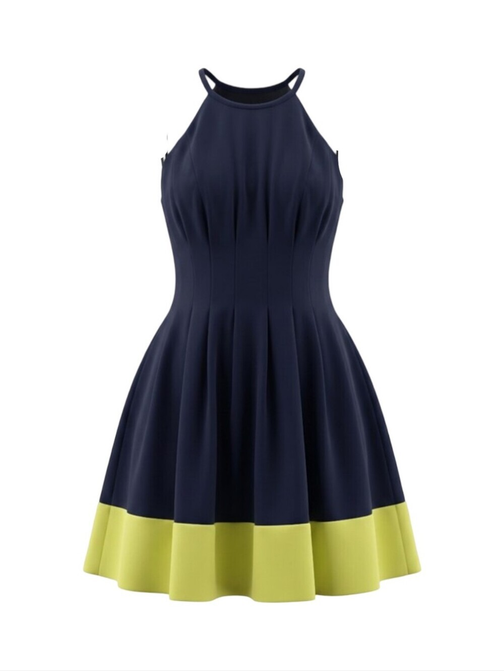Vince Camuto Navy Dress with Lime Contrast Hem Sleeveless Cocktail Colorblock